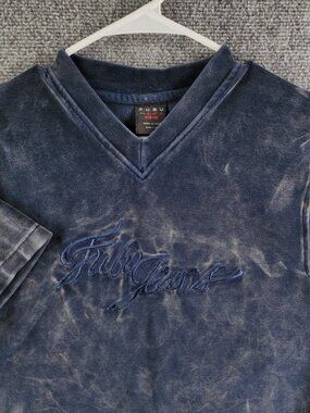 FUBU Small 8-10 Blue 1/2 Sleeve Velour V Neck Sweater Embroidery Soft Sweatshirt